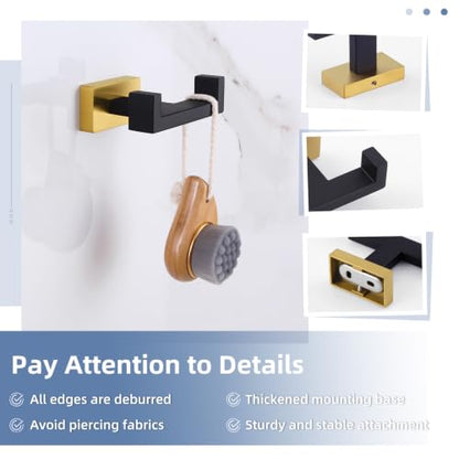 Angle Simple Double Towel Hook Black & Gold, Stainless Steel Bathroom Towel Holder, Coat Robe Hook Wall Mount - color: Black & Gold, size: 1 Pack