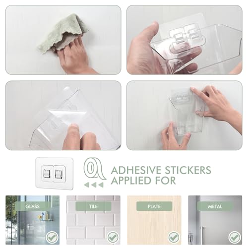Clear Adhesive Wall Storage Bins, 4 Pack Cabinet Door Organizer Holders, Hanging Wall Mount Pockets, Plastic Cups for Shower Bathroom Makeup Office Craft Remote Kitchen Sink RV Organization (Small) - size: Small