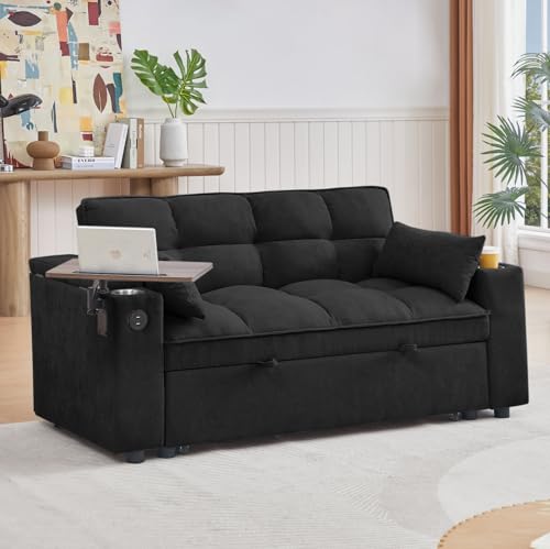 oaaktu ﻿ 65''Convertible Sleeper Sofa Bed,3-in-1 Pull Out Couch Bed with 360 Degree rotatable Side Table and USB Ports for Living Room,RV (07Black) - color: 07black