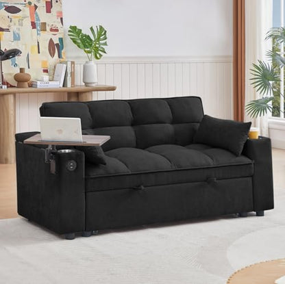 oaaktu ﻿ 65''Convertible Sleeper Sofa Bed,3-in-1 Pull Out Couch Bed with 360 Degree rotatable Side Table and USB Ports for Living Room,RV (07Black) - color: 07black