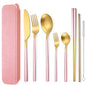 AARAINBOW 6 Pieces Stainless Steel Flatware Set Portable Reusable Cutlery Set Travel Utensils Set Including Chopsticks Knife Fork Spoon Straws Cleaning Brush Dishwasher Safe (B-Pink golden) - color: B-Pink golden