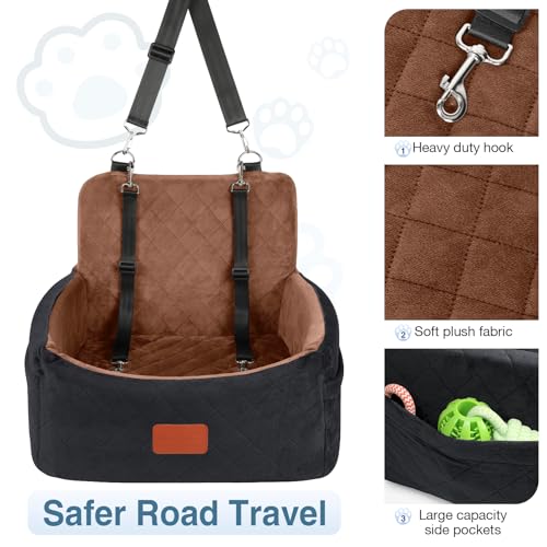 WOOAIDAGG Dog Car Seat for Small Dogs Under 30lbs,Ultra Soft Fabric & Memory Foam Pet Travel Car Bed,Washable & Detachable,Anti-Slip Bottom,2 Storage Pockets and Safety Tethers(Black/Brown) - color: Black/Brown
