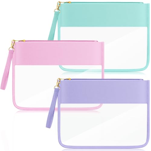 Sanwuta 3 Pcs Clear Flat Zipper Pouches for Travel Women, Nylon Waterproof PVC Makeup Snack Bags Set Organizer Portable Storage DIY Chenille Letter Beach Stuff Toiletry Gym(Pink, Green, Purple) - color: Pink,Green,Purple