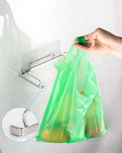 YQh Garbage Bag Holder Stainless Steel for Kitchen Cabinet Doors and Walls, Under Sink Plastic Bag Hooks, Kitchen Trash Can, Grocery Bag Holder, Front Opening Design, Easy to Pick and Place - style: Open-Style Adhesive Hook