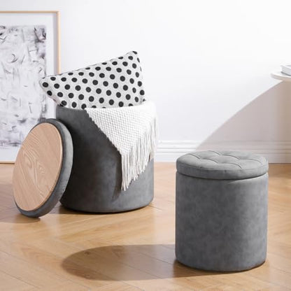 oakvivo 12.6" W x 14.17" H & 14.76" W x 17.32" H Storage Ottoman Foot Stool for Couch, Nesting Round Vanity Stools Padded Ottomen, Leather Set of 2 Footrest for Living Room,Grey - color: Grey