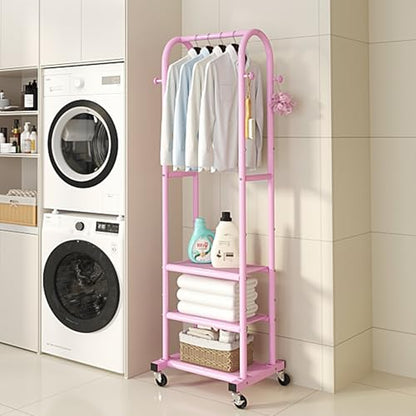 Dttwacoyh Metal Clothing Rack with Wheels and Hanging Hooks,Narrow Coat and Shoe Rack,Small Hall Tree,for Small Space, Bedroom, entryway, Walk-in Closet, Laundry Room– Pink - color: Pink
