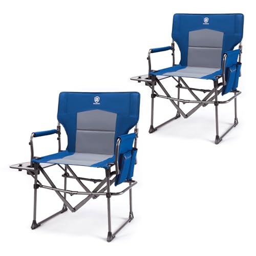 EVER ADVANCED Camping Directors' Chair with Side Table, Portable Folding Chair with Compact Size, Heavy Duty Lawn Chair with Pocket for Camping, Lawn, Sports and Fishing, 400lbs, Blue 2 Pack - color: Blue-2pack, style: Classic