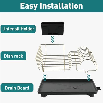Buruis Dish Drying Rack for Kitchen Countertop, Large Capacity Gold Stainless Steel Dish Drainer with Anti-Slip Rubber Feet, Removable Drain Board and Utensil Holder (Black Tray) - color: Black Drainer