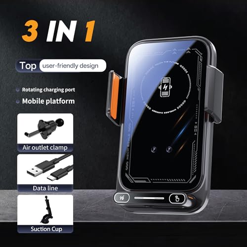 Wireless Car Charger Phone Holder, 15W Auto Clamping Car Phone Mount Charger with Gesture Control, 90 Degree Auto Rotation, Dual Vent and Dashboard Mount for iPhone and Android
