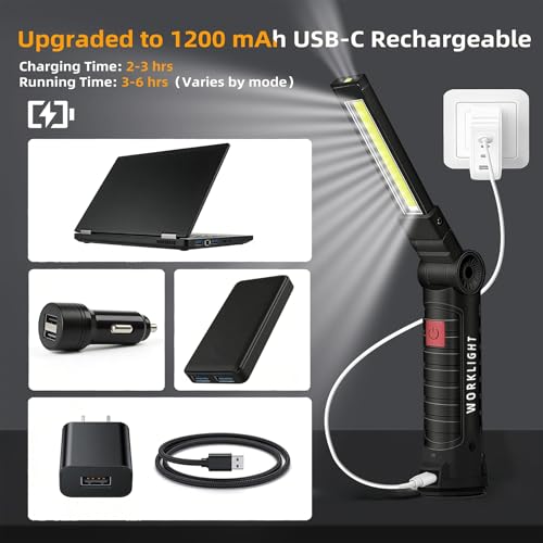 Tool Fathers Day Dad Gifts for Men Him Husband, LED Rechargeable Work Light for Mechanic with Magnetic Base Hook, Grill Light Inspection Flashlight 5 Modes 360° Rotate Car Repair Emergency Birthday - color: Black 4PCS