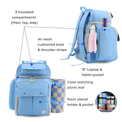J World Picnic Backpack Cooler for 4. Insulated Picnic Basket Set with Folding Waterproof Blanket. Beach Camping Wedding Engagement Gift for Couples, Sky Blue - color: Sky Blue