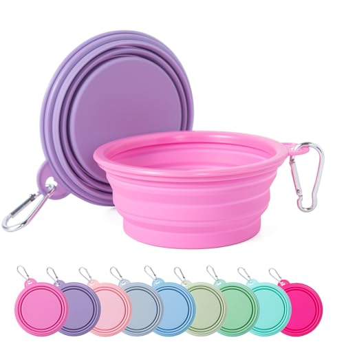 SLSON Collapsible Dog Bowl, 2Pack Macaron Color Pet Travel Bowls Silicone Foldable Water Feeder Dish for Small to Large Dogs Cat Walking Hiking Camping (Macaron Rose and Violet, Small) - color: Macaron Rose and Violet, size: Small