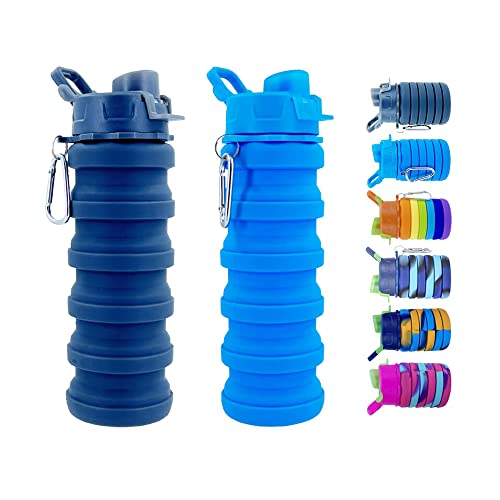 Collapsible Water Bottles 2 Pack Silicone Water Bottle with Carabiner Expandable Water Bottle 500ml Portable Sport Water Bottle for Travel Camping.(Black+Blue) - color: Black+Blue