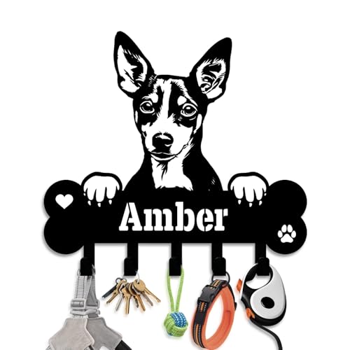 NIWAHO Personalized Dog Leash Holder Wall Mount - Custom Toy Fox Terrier Metal Silhouette Sign with Bone Key Hooks, Entryway & Pet Room Organizer Decor - color: Toy Fox Terrier