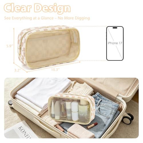Fammart Clear Travel Makeup Bag for Women, TSA Approved Checkered Cosmetic Bag Make Up Car Organizer Case with Zipper, Large Waterproof Pouch Purse Toiletry Bag for Skincare, Brushes Travel Essentials - color: Clear - Checkered Khaki