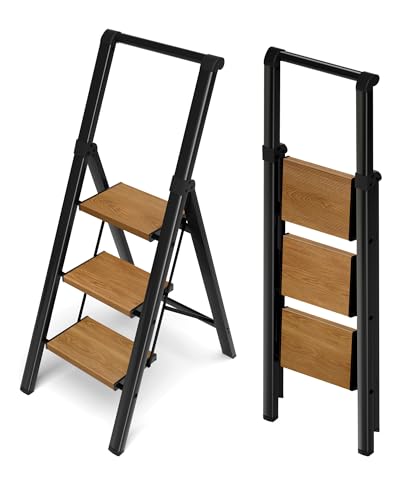3 Step Ladder,Folding Step Stool with Aluminum Wide Pedal& Convenient Handgrip,330lbs Capacity Steel Ladder for Household and Office(Black &Woodgrain) - color: Black&woodgrain, size: 3 Step