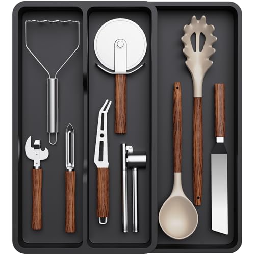 Lifewit Utensil Organizer for Kitchen Drawer, Expandable Cooking Silverware Tray, Adjustable Cutlery Flatware Holder, Plastic Spatula Tools Storage Divider, 14.4 x 15.8", Black - color: Black, size: 14.4 × 15.8 × 1.8 inch (3 Slots)