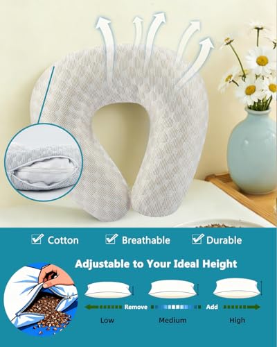 Buckwheat Neck Pillow with Dual-Layer Pillowcase, 12''x12'' Adjustable Firm U Shaped Pillows, Breathable for Cool Sleep, Neck Support Buckwheat Hulls Pillow for Back Sleeper (Khaki) - color: 3d-khaki