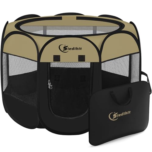 Siedihit Dog Cat Playpen, Medium Puppy Pet Playpen, Dog Crate Tent Cage Indoor/Outdoor, Portable Pop Up Dogs Kennel Playpen with Carrying Case for Dogs/Cats/Rabbits(Black Khaki, Medium) - color: Black Khaki
