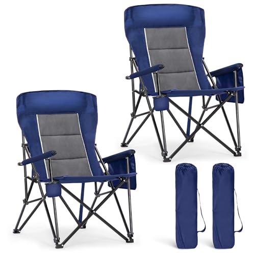 ALPHA CAMP Heavy Duty Camping Chairs with Cup Holder Oversized Folding Chair 500LBS Capacity Outdoor Chair with Headrest,Lawn with Side Pocket for Lawn, Sports and Fishing - color: Navy Blue, size: 2PC