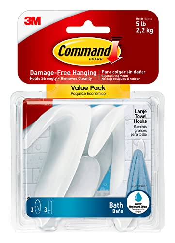 Command Bath Large Towel Hook Value Pack, Clear Frosted, 3-Large Hooks, 3-Water-Resistant Strips, Organize Damage-Free - color: White, size: Large