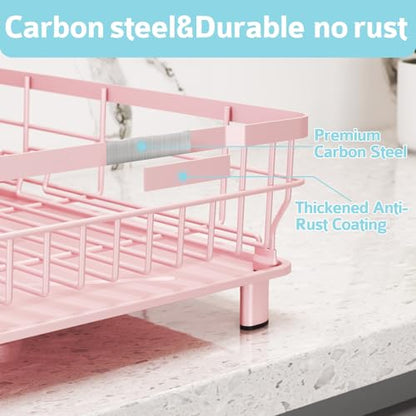 Dish Drying Rack - Space Saving Dish Rack - Dish Racks for Kitchen Counter with Drainboard,Rustproof Dish Drainer with Removable Utensil Holder,Pink - color: 1 Tier-pink