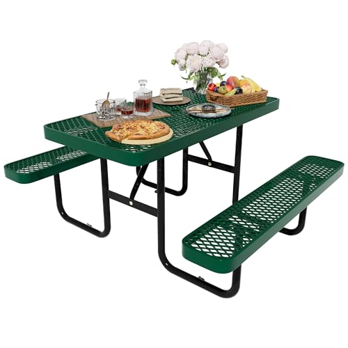 4FT Rectangular Metal Picnic Table for Outdoors, Commercial Steel Metal Picnic Tables, Heavy Duty Sturdy Picnic Tables Furniture Set for Patio Garden Courtyard BBQ, With Umbrella Hole, Green - color: Green, size: 4FT Rectangular
