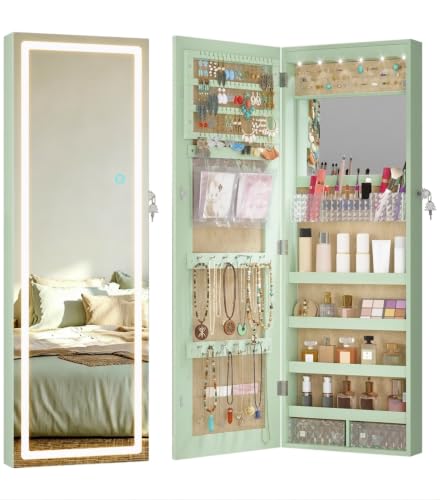 LVSOMT LED Mirror Jewelry Cabinet Wall Mounted, Over the Door Jewelry Organizer, Lockable Full Length Mirror with Storage, Hanging Jewelry Armoire for Earrings Necklaces Rings, Gift for Women, Green - color: Green