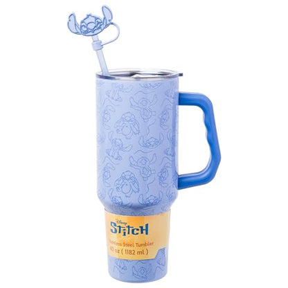 Silver Buffalo Disney Lilo and Stitch Poses Pattern Double Walled Stainless Steel Tumbler with Handle, Straw, and Straw Cap, Fits in Standard Cup Holder, 40 Ounces - color: Disney Lilo and Stitch Poses