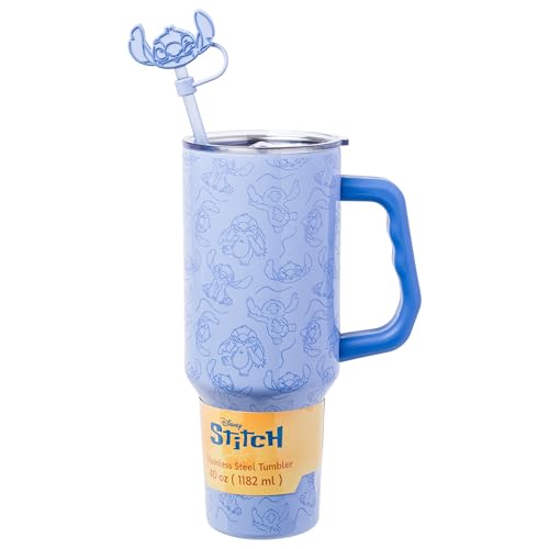 Silver Buffalo Disney Lilo and Stitch Poses Pattern Double Walled Stainless Steel Tumbler with Handle, Straw, and Straw Cap, Fits in Standard Cup Holder, 40 Ounces - color: Disney Lilo and Stitch Poses