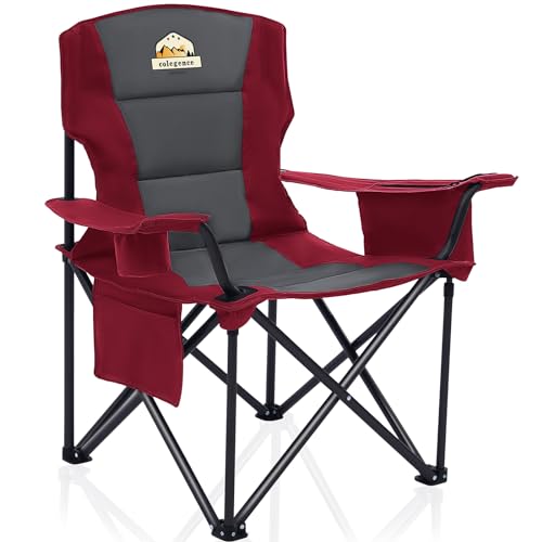 Colegence Oversized Folding Camping Chairs - 450 LBS Support Heavy Duty Camp Chair with Padded Cushion, Portable Outside Chairs with Carry Bag，Cooler, Cup Holder for Outdoor, Lawn, Sports - Red - color: Red, style: Single Pack