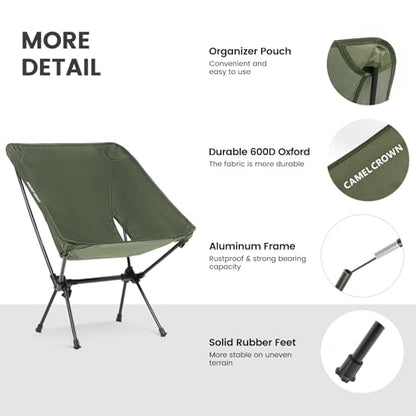 CAMEL CROWN Portable Camping Chair Folding Compact Lawn Lightweight Backpacking Chair with Carry Bag for Outdoor Hiking Beach Travel Picnic Festival Army Green 2pc
