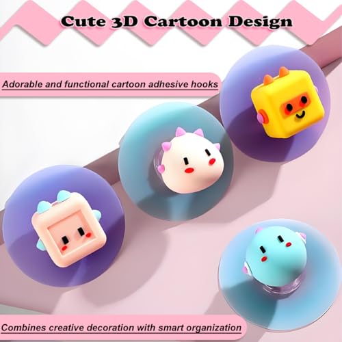 Multi-Purpose 3D Adhesive Hooks - Set of 4 Cartoon Hooks, Door Stopper, Sliding Door Handle, Drawer Pull & Toilet Lid Lifter, No Drill Decorative Wall Hooks for Kitchen, Bathroom, Door, Cabinet