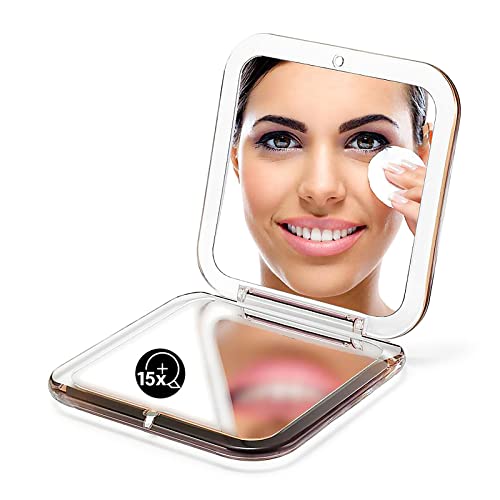 OMIRO Folding Compact Mirror, 1X/15X Magnification 3½” Pocket Size Square Hand Mirror for Travel Makeup (Gold) - color: Gold-15x