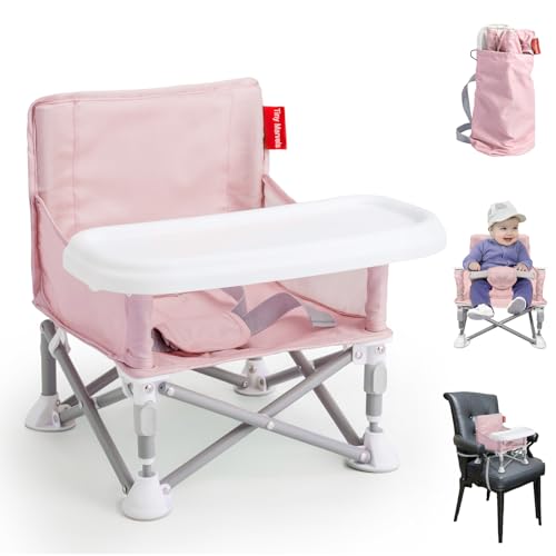 Tiny Marvels Baby Chair, Portable & Foldable for Travel & Beach, Ages 6M-3Y | BPA-Free Material, 3-Point Harness, 3-in-1 Baby Chair, Removable Tray & Carry Bag, Sturdy with Reinforcement, Non-Slip Feet - color: Pink