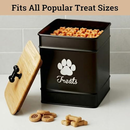 Dog Treat Container Airtight - 6 Inch Wide x 8 Inch Tall Iron Dog Treat Jar for Kitchen Counter with Airtight Bamboo Lid - 12 Cup Capacity Pet Treat Container - Doggie Cookie Jar - Big Treats Canister - color: Black