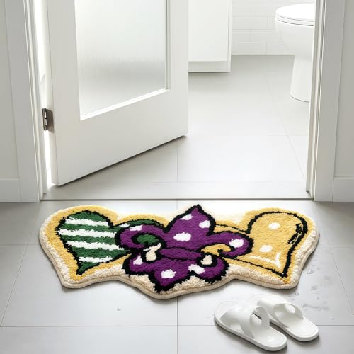 Drydiet Bathroom Rug Cute Purple Green Gold Door Mat Bath Mat Fleur-de-lis Flower Shape Shower Purple Green Gold Bathroom Decoration Rug Non Slip Washable - style: Mardi Gras
