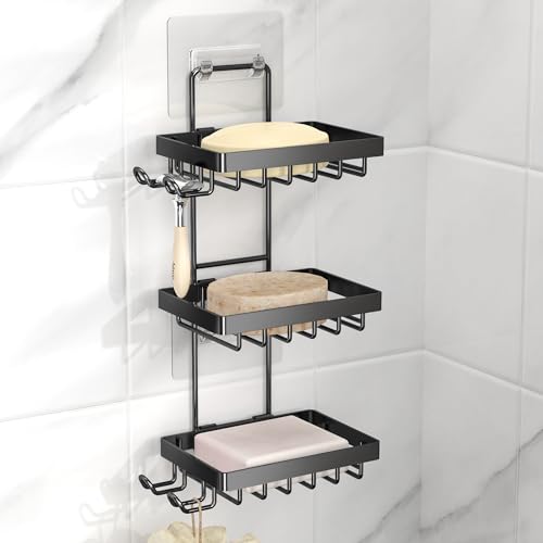 Moforoco 3-Tier Black Soap Bar Holder for Shower, No Drilling, 304 Stainless Steel, Wall Mounted Soap Holder with 4 Hooks and Razor Holder, Shower Rack Soap Tray Bar Soap for Bathroom Accessories - color: Black, size: 3-T Adhesive