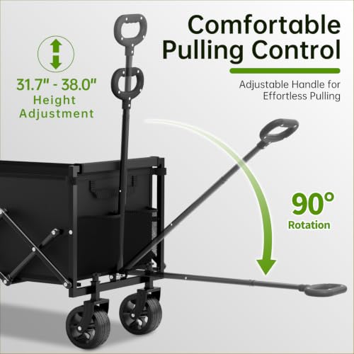 Extra Long Collapsible Wagon Cart, 360LBS Heavy Duty Utility Wagons with All-Terrain Wheels, Foldable Grocery Carts for Gardening, Shopping, Beach, Camping, Black - color: Ebony