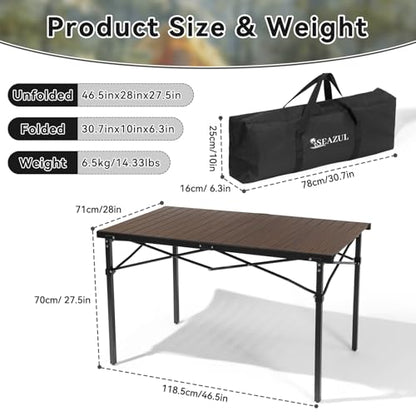 Seazul Camping Table, Large for 2-6 Persons, Supports 230 LBS, Foldable Roll-up Aluminum Camp Table with Carry Bag, Folding Portable Metal Outdoor Table for Picnic, Camp, Dining, Walnut Wood Grain