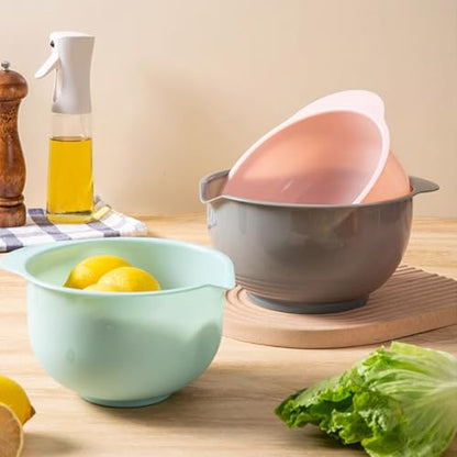 Nesting Plastic Mixing Bowls, Set Of 3, 1.5 quart, 2 quart, 2.5quart, Nesting Bowls with Non Slip Base and Easy Pour Spout, Dishwasher Safe (Green Pink Grey) - color: Green Pink Grey