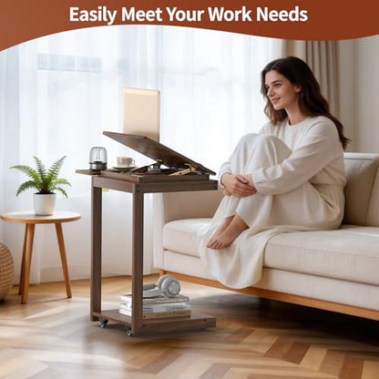 C Shaped End Table for Couch, C Side Table with Convertible Desktop, Folding Tray & Lockable Wheels, 360 Swivel TV Tray Table, Couch Tables That Slide Under, for Living Room, Bedroom, Sofa, Walnut