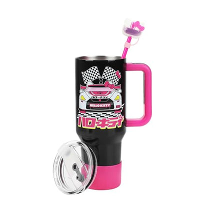 Bioworld Hello Kitty Race Car 40 Oz Black & Pink Stainless Steel Tumbler With Handle - color: Hello Kitty Race Car