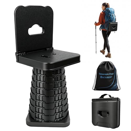 Upgraded Collapsible Stool with Backrest, Portable Telescopic Seat with Carry Bag, Square Folding Stool for Camping Gardening Fishing Hiking BBQ, Max Load Capacity 550lbs