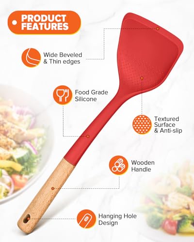 Silicone Cooking Utensils Set, Perfectly Angled for Frying, Mixing,Serving,Draining,Turning and Stirring, BPA-Free Matte Silicone, Wood Handles, Safe for Nonstick Cooking Surfaces,4 Pack (Red) - color: Red