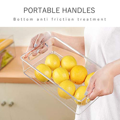 Stackable Refrigerator Organizer Bins, 6 Pack Clear Kitchen Organizer Container Bins with Handles and 20 PCS Plastic Bags for Pantry, Cabinets, Shelves, Drawer, Freezer - Food Safe, BPA Free 10"L