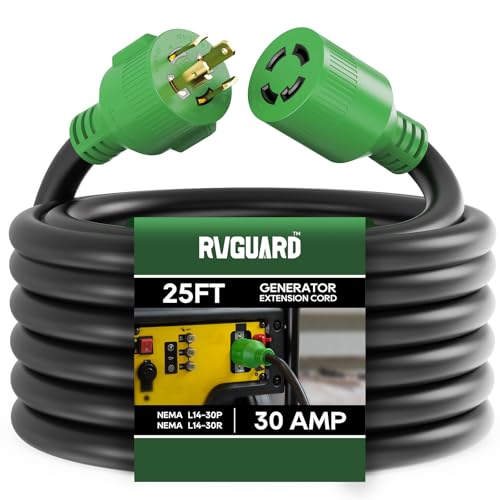 RVGUARD 4 Prong 30 Amp 25 Foot Generator Extension Cord, NEMA L14-30P/L14-30R, 125/250V Up to 7500W 10 Gauge SJTW Generator Cord with Cord Organizer, ETL Listed - size: 25FT
