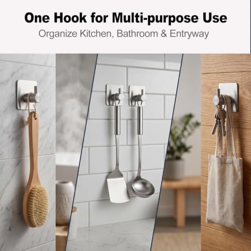 Fotosnow Adhesive Towel Hooks 15lbs Heavy Duty Wall Hooks Waterproof Stainless Steel Hanger for Hanging Coat, Hat, Towel Robe Hook Rack Wall Mount- Bathroom and Bedroom 4-Packs - color: Silver