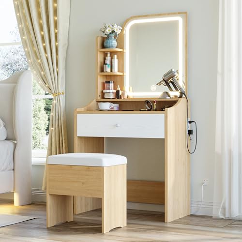 LIKIMIO Small Makeup Vanity Desk with Mirror and Lights, Vanity Table Set with Storage Drawer, Chair and Three Shelves, Bedroom, Wood - color: Wood