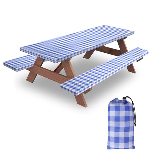 7ft Picnic Table and Bench Cover, Camping Essentials RV Gear, 84 in Waterproof Windproof Outdoor Elastic All Around Tablecloth, Fitted Rectangle Tables and Seats, Blue-White Checkered - color: Blue-white Checkered, size: 84"